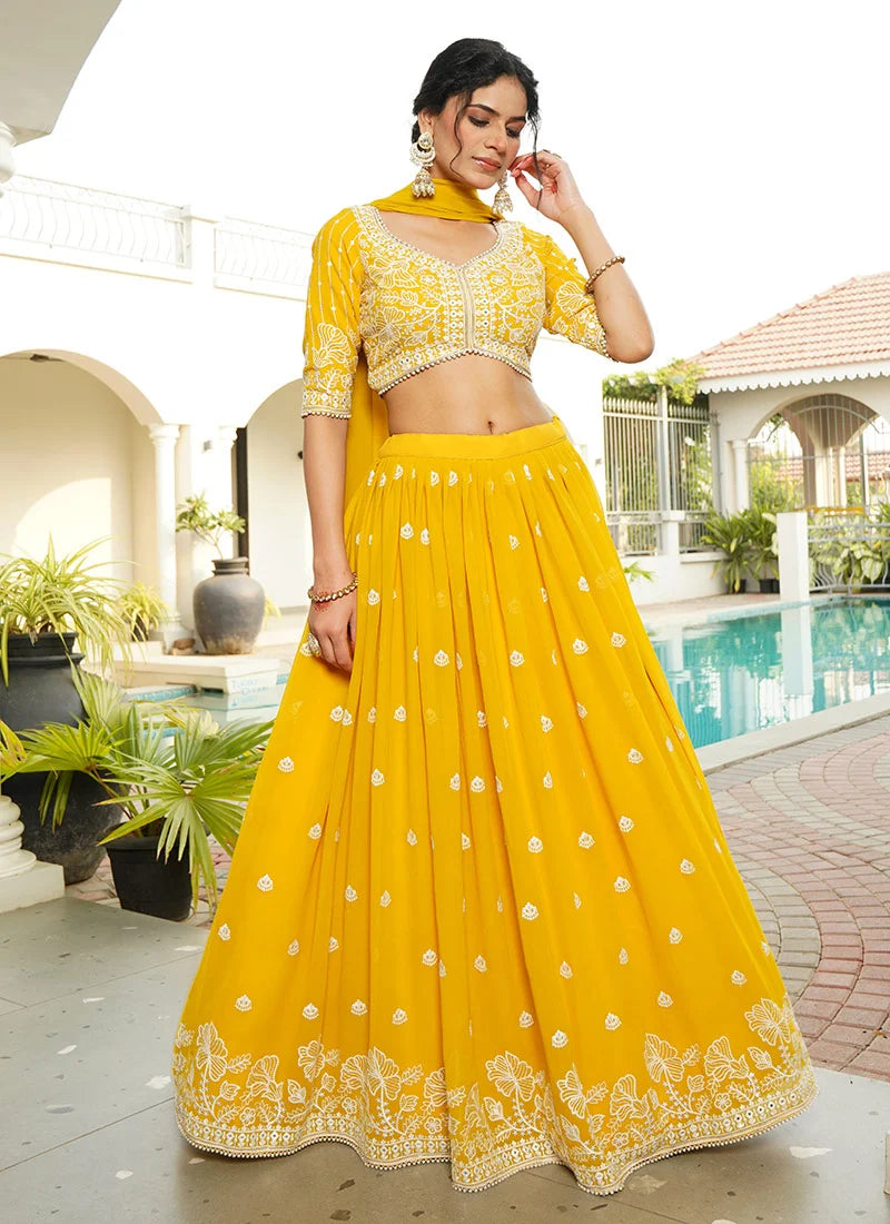 Yellow Faux Georgette Embroidered Sequins Breathtaking Lehenga Wedding Wear