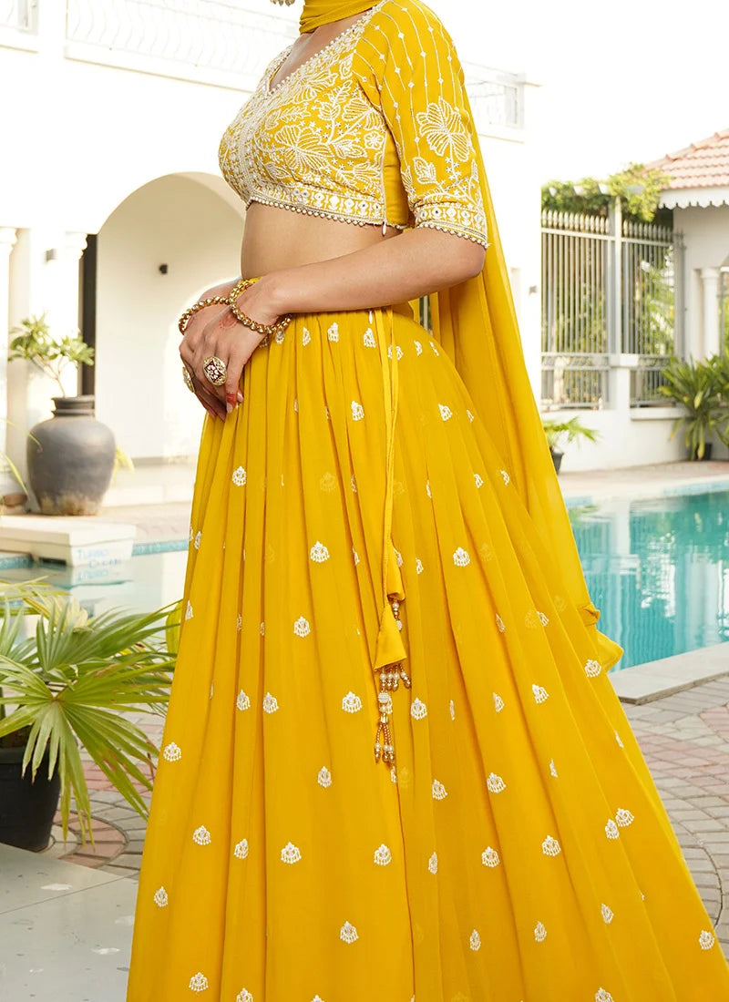 Yellow Faux Georgette Embroidered Sequins Breathtaking Lehenga Wedding Wear