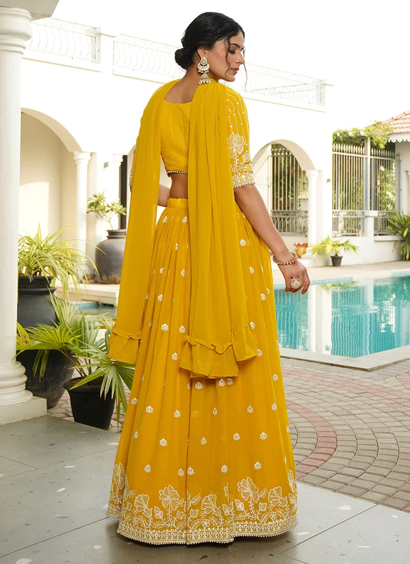 Yellow Faux Georgette Embroidered Sequins Breathtaking Lehenga Wedding Wear